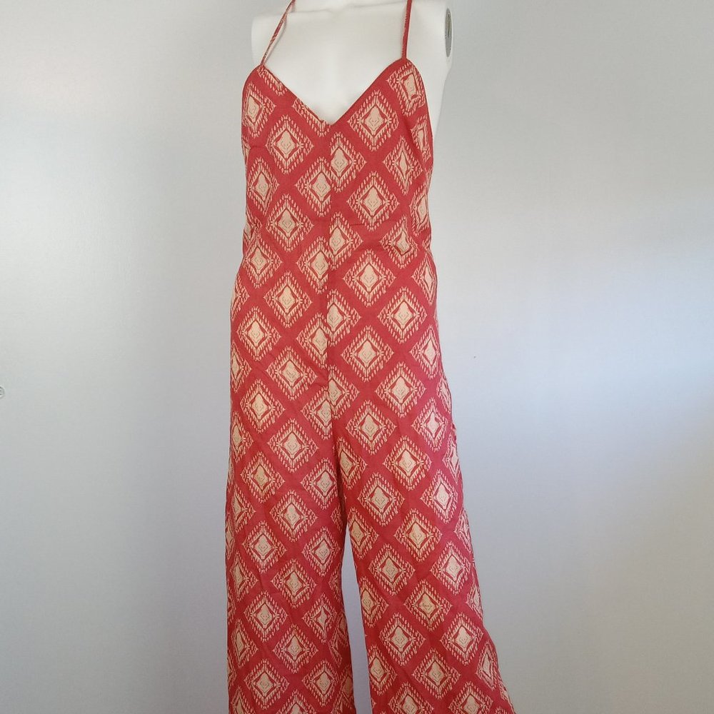 ZARA Women's Jami Jumpsuit Size XS Terracotta Print Open Back Wide Leg Strappy